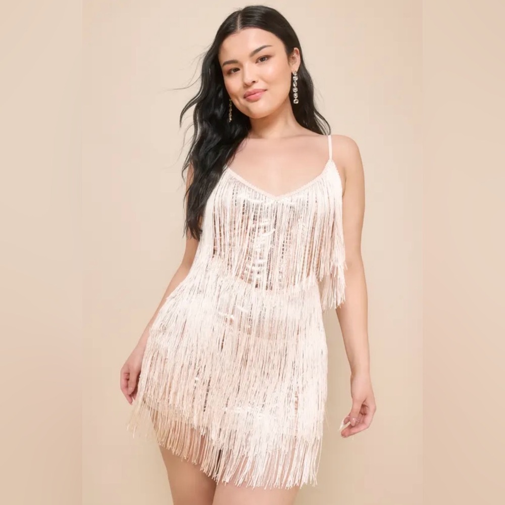 Lulus Get in the Groove Champagne Fringe Dress